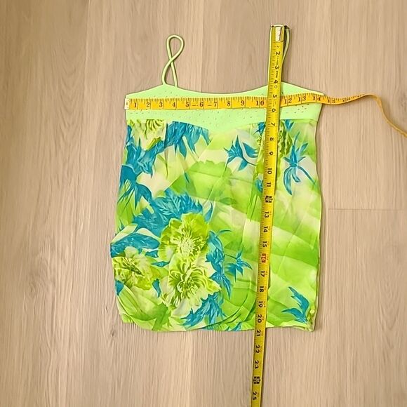 Y2K Glow Floral Green Blue Tank Top Medium Rhinestone Summer Flower whimsical - Picture 4 of 6